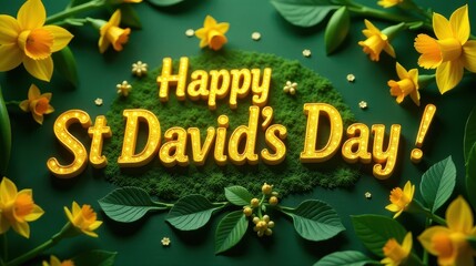 "Happy St. David’s Day!" - Text surrounded by yellow daffodils, green leaves