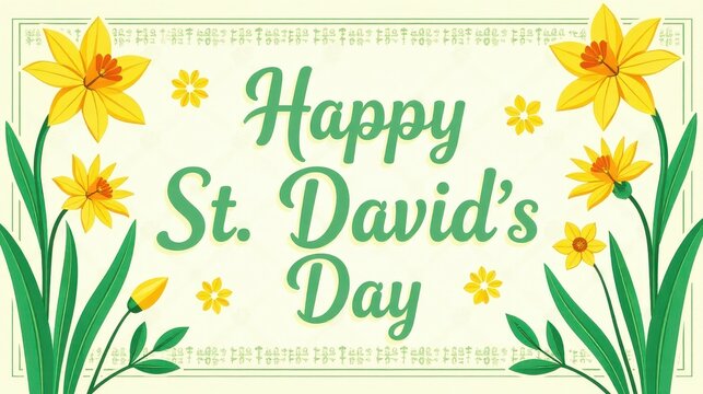"Happy St. David’s Day!" - Text surrounded by yellow daffodils, green leaves
