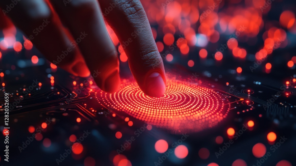Poster finger touching glowing circuit board fingerprint sensor in technology background