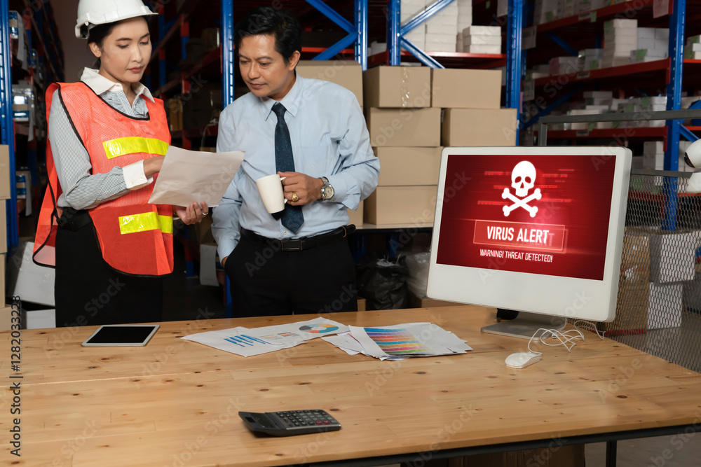 Poster virus warning alert on computer screen detected modish cyber threat , hacker, computer virus and mal