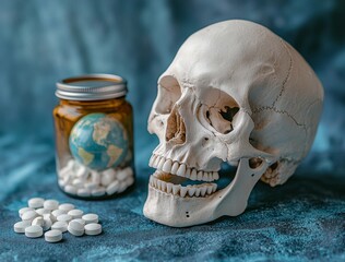Human skull beside a globe and a jar of white pills on blue background