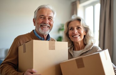 Happy senior couple moves into new home with boxes. Smiling mature man, woman relocating together, starting new life phase, retirement. Real estate purchase, renting property. Insurance, credit
