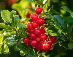 GenerTitle: Close-Up of Vibrant Red Berries on a Green Leafy Branch

