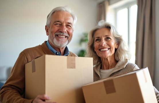Happy senior couple moves into new home with boxes. Smiling mature man, woman relocating together, starting new life phase, retirement. Real estate purchase, renting property. Insurance, credit