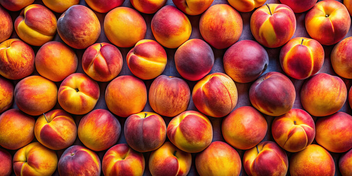 Vibrantly colored peaches are arranged in a neat pattern on a market stall. These fresh fruits showcase shades of yellow and red, tempting shoppers on a sunny summer day