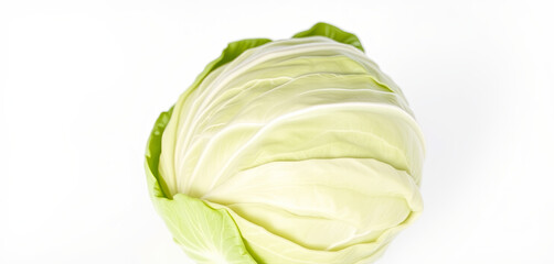 A whole green cabbage sits against a white backdrop, displaying its smooth, crisp leaves. The cabbage appears fresh and vibrant, emphasizing its natural color and shape
