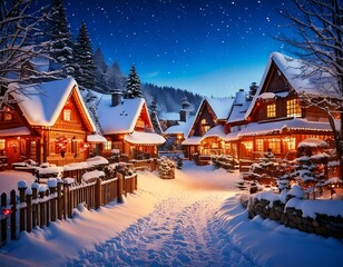 Generated iTitle: Traditional Chinese Village Covered in Snow with Warm Lantern Lights

