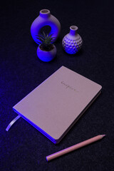 Flat lay composition with a gratitude journal, a small potted succulent, and  pencils on a dark...