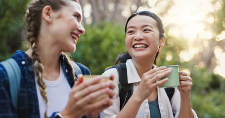 Travel, coffee and hiking with friends in nature for lunch break, trekking adventure and park conservation. Drink conversation and environment with women in forest for tea, relax and peace together