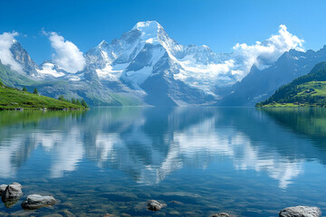 Majestic Swiss Alps reflecting on tranquil lake, scenic mountain vista
