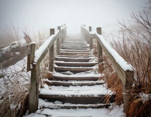 GenerateTitle: Snow-Covered Wooden Staircase Leading Into the Fog


