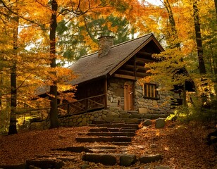 GenerateTitle: Rustic Stone Lodge Surrounded by Autumn Foliage in a Forest

