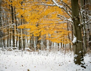 GenTitle: Golden Autumn Trees in a Snow-Covered Forest Landscape

