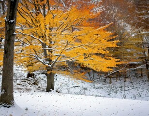 GenTitle: Golden Autumn Trees in a Snow-Covered Forest Landscape

