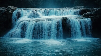 Serene waterfall cascading down rocks, lush forest background, nature photography