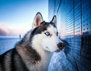 GenerateTitle: Siberian Husky in a Snowy Landscape with Modern Reflective Architecture

