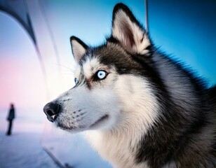 GenerateTitle: Siberian Husky in a Snowy Landscape with Modern Reflective Architecture

