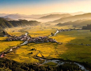 Generated imaTitle: Aerial View of Picturesque Farmland and Countryside at Sunrise

