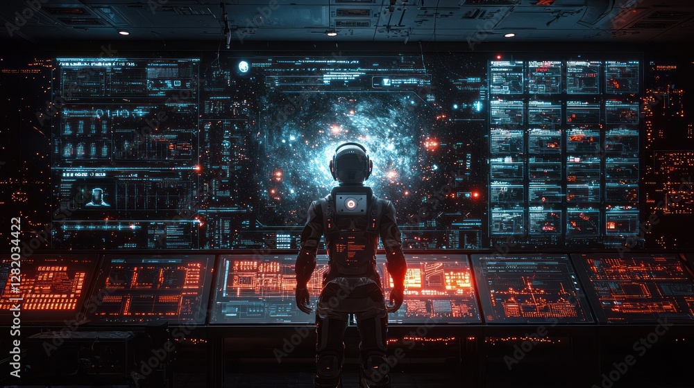Poster astronaut observing cosmic display in spaceship control room