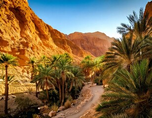 Generated imTitle: Scenic Desert Oasis with Lush Palm Trees and Rugged Mountains

