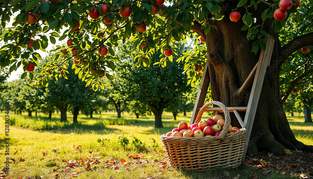 Poster a wicker basket brimming with vivid apples rests beneath a sprawling apple tree in an orchard. sunli