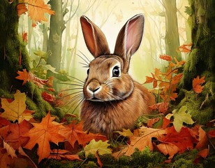 GeneratTitle: Artistic Rabbit Illustration Emerging from Autumn Leaves in a Mossy Forest

