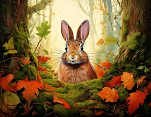 GeneratTitle: Artistic Rabbit Illustration Emerging from Autumn Leaves in a Mossy Forest

