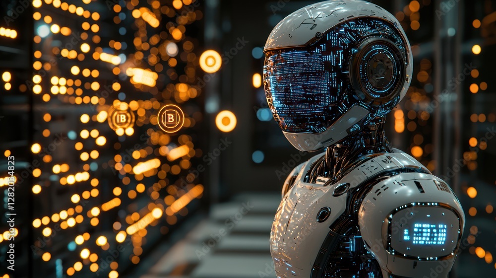 Poster robot monitoring server room data; futuristic technology