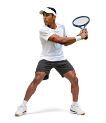 Dark Skinned Man in White Tennis Attire Preparing to Swing a Racket