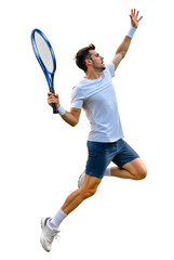 Pro male tennis player doing a jumping smash mid-air, isolated