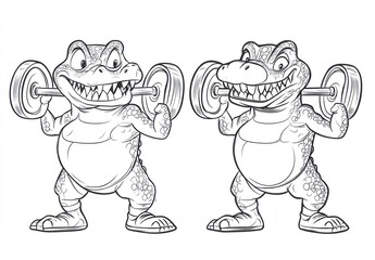 Obraz premium Two Muscular Crocodiles Weightlifting A Barbell