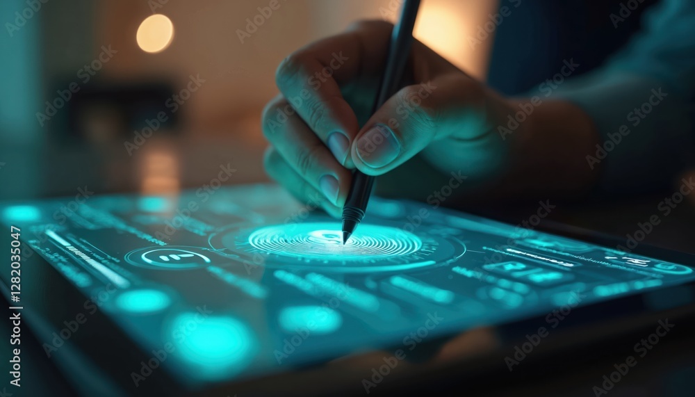 Poster digital signature executed with pen on tablet screen. data encryption, biometric identification tech