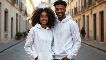 Happy young African American couple poses in white hoodies on old city street. Stylish woman and man smiling, hugging each other. Mock up template for sweatshirt logo, print design.