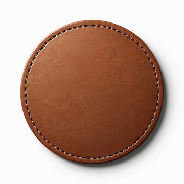 Round leather label isolated on white background. Empty brown material tag, frame with stitch, blank seam clothes patch. Premium realistic rough skin sticker wear classic craft apparel for jeans.