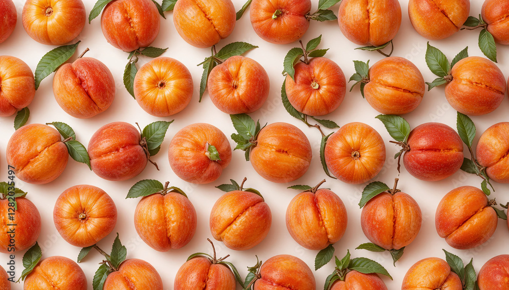 Poster numerous apricots with a range of orange hues are neatly arranged in a flat lay style. each fruit di