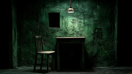 Dark room, chair, table, interrogation scene, mystery