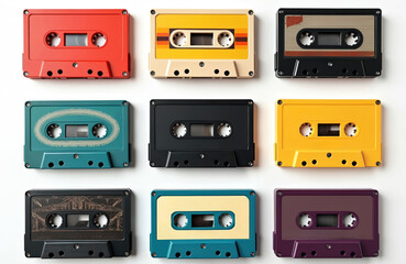Fototapeta premium Collection of vintage audio cassette tapes in various colors arranged on white background. Retro musical stereo sound recording media from 80s 90s. Old-fashioned entertainment, analog tech for dj