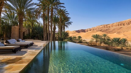 Fototapeta premium A tranquil desert oasis with crystal-clear water, surrounded by tall date palms and golden sand dunes