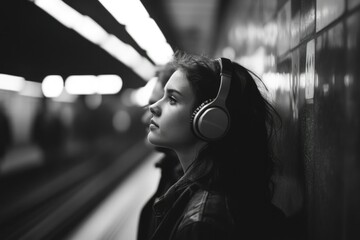 A young woman listens to music on headphones while waiting on a subway platform.