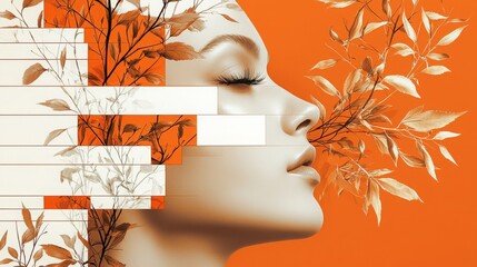 Abstract Portrait of a Woman with Leaves on an Orange Background © Piyawat
