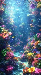 Naklejka premium Vibrant Underwater Scene with Coral and Colorful Tropical Fish