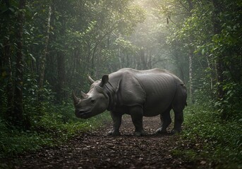 Obraz premium A rare Javan rhinoceros moves through a dense tropical rainforest, its thick gray skin coated in mud. Sunlight filters through the canopy, casting a mystical glow as the rhino steps carefully.