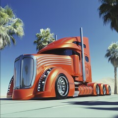 Retro futuristic red orange truck with hood on sunny road with palm trees