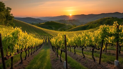 Naklejka premium A serene hillside vineyard at sunset, with rows of grapevines glowing in the golden light and rolling hills in the background