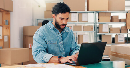 Laptop, order and shipping with man in warehouse for logistics route, tracking code and cargo box....