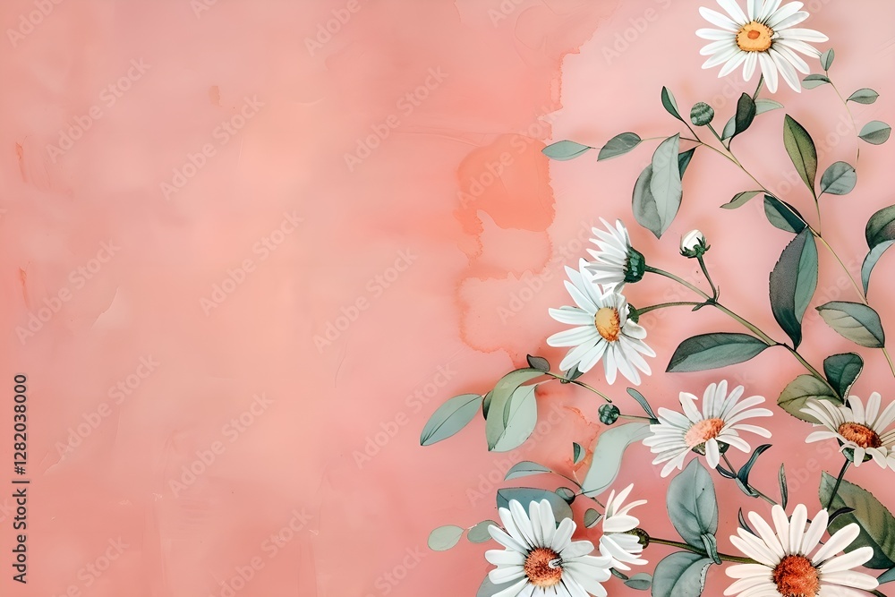 Poster on the right is a botanical watercolor illustration of daisy branches with white and pink flowers an