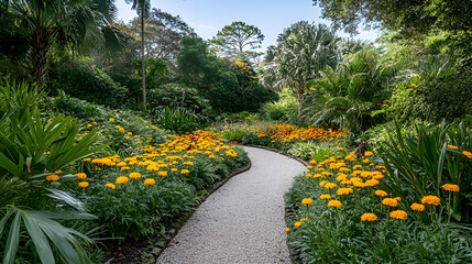 Obraz premium A lush garden adorned with marigold flowers in vivid orange and yellow hues, adding a cheerful vibe