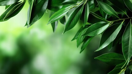 Obraz premium Abstract greenery background for design, soft out-of-focus leaves, warm natural light filtering through trees