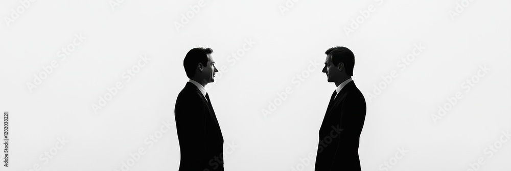 Poster silhouettes of two executives in formal suits facing each other against a plain background during a 