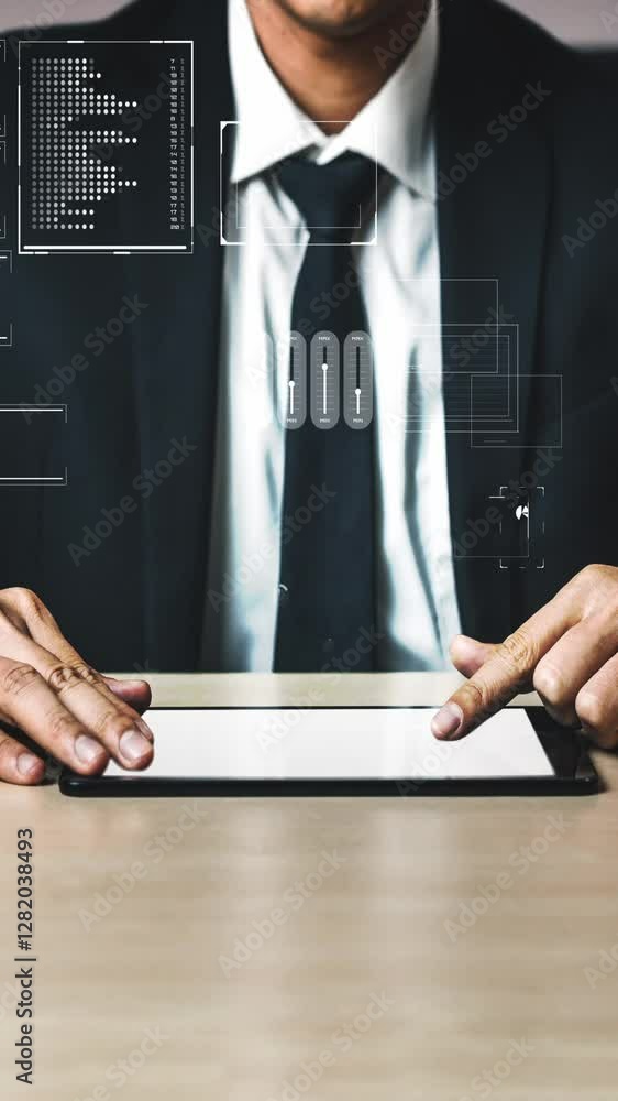 Poster business intelligence technology and big data analytic mixed media showing concept of futuristic inf